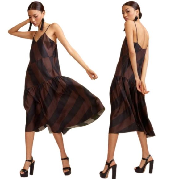 New! Cynthia Rowley Olivia striped slip midi Dress black brown nwt 13891 - Picture 2 of 11